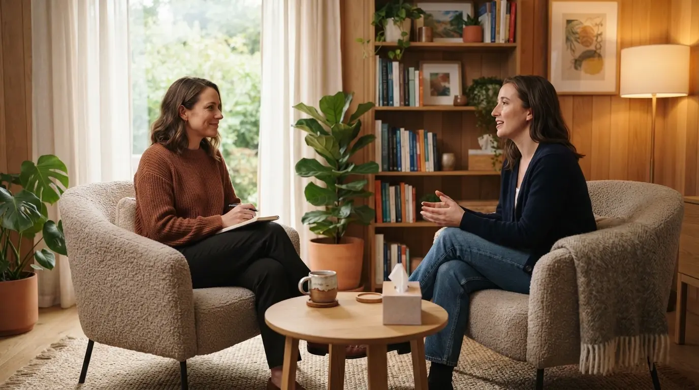 A behavioural health clinician in conversation with a patient