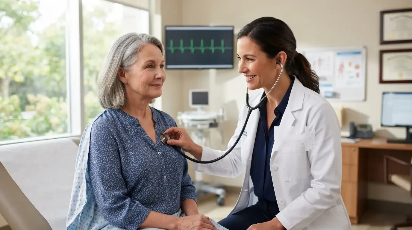 A cardiologist listening to a patient’s heart during a consultation