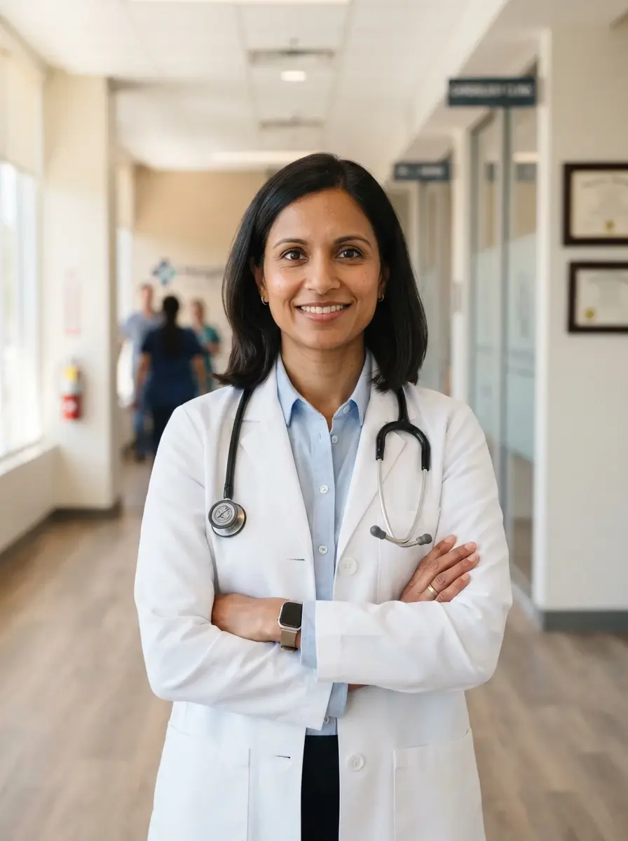 A physician standing with arms folded in a practice corridor