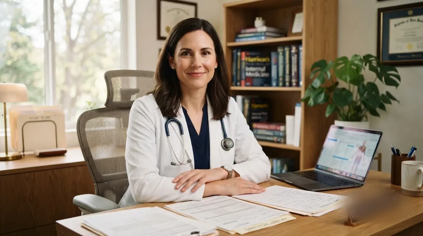 A physician at her desk in a practice, claim paperwork and a laptop in front of her