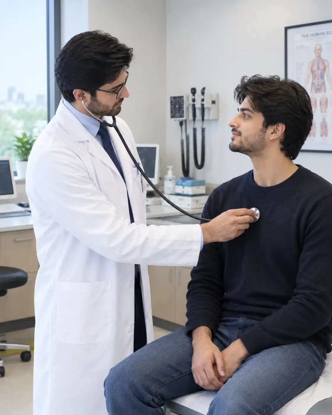 A physician listening to a patient’s chest during an examination