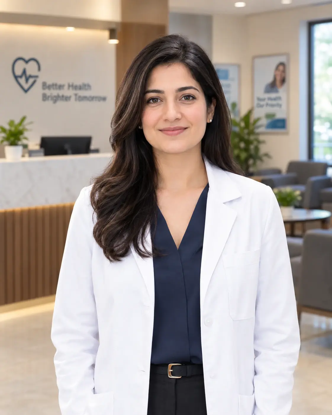 A physician standing in the reception area of their practice